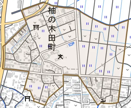 柚の木田町とその周辺の地図。町の範囲を重ねている