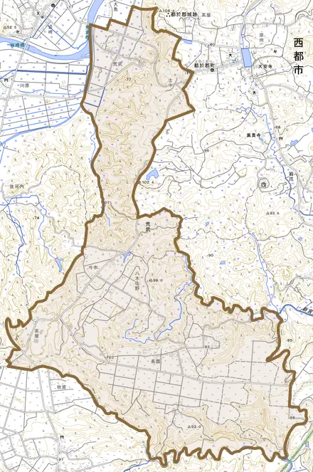 大字荒武とその周辺の地図。町の範囲を重ねている