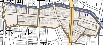 有吉町とその周辺の地図。町の範囲を重ねている