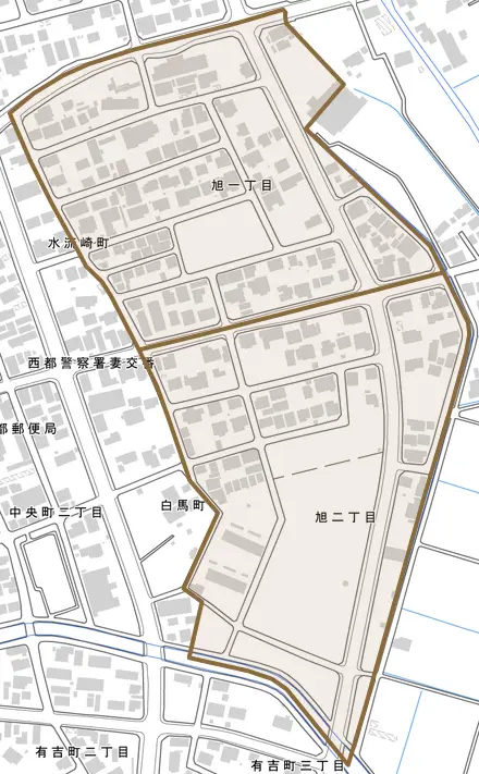 旭とその周辺の地図。町の範囲を重ねている