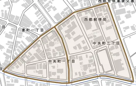 中央町とその周辺の地図。町の範囲を重ねている