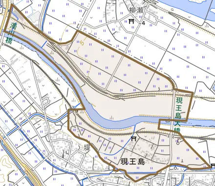 大字現王島とその周辺の地図。町の範囲を重ねている