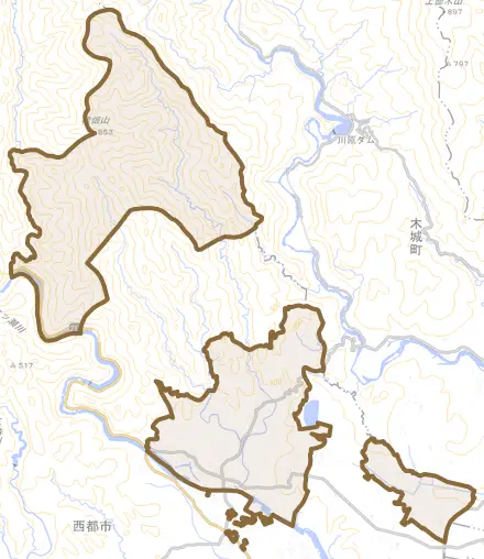 大字穂北とその周辺の地図。町の範囲を重ねている