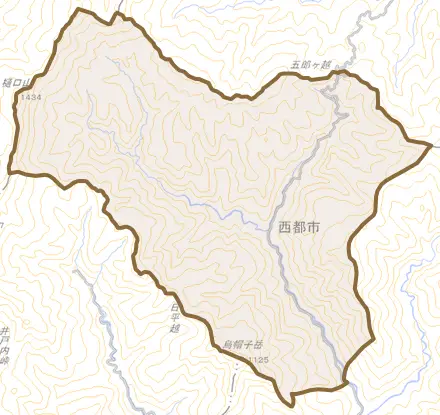 大字上揚とその周辺の地図。町の範囲を重ねている