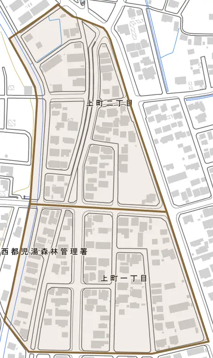 上町とその周辺の地図。町の範囲を重ねている