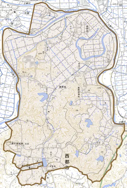 大字鹿野田とその周辺の地図。町の範囲を重ねている