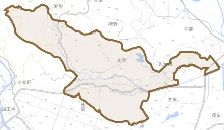 大字加勢とその周辺の地図。町の範囲を重ねている