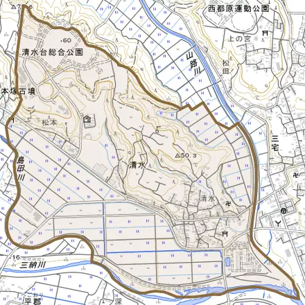 大字清水とその周辺の地図。町の範囲を重ねている