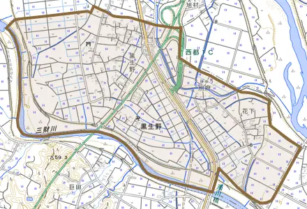 大字黒生野とその周辺の地図。町の範囲を重ねている