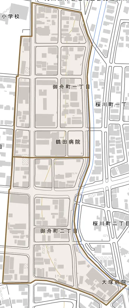 御舟町とその周辺の地図。町の範囲を重ねている