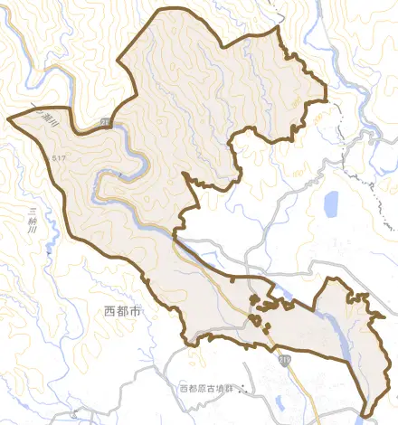大字南方とその周辺の地図。町の範囲を重ねている