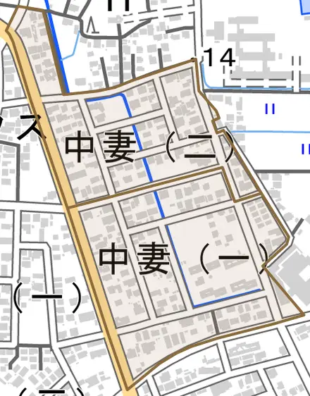 中妻とその周辺の地図。町の範囲を重ねている