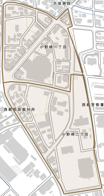 小野崎とその周辺の地図。町の範囲を重ねている