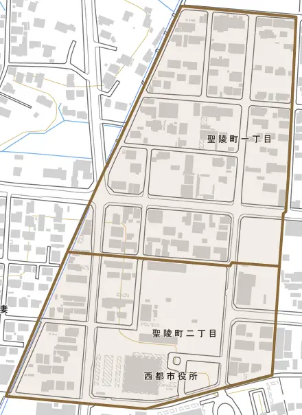 聖陵町とその周辺の地図。町の範囲を重ねている