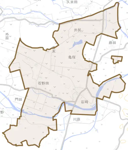 大字下三財とその周辺の地図。町の範囲を重ねている