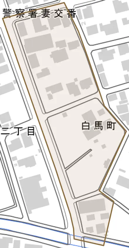 白馬町とその周辺の地図。町の範囲を重ねている