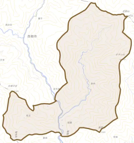 大字銀鏡とその周辺の地図。町の範囲を重ねている