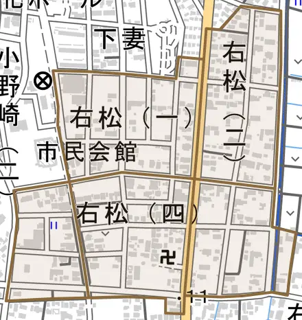 右松とその周辺の地図。町の範囲を重ねている