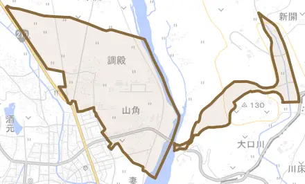 大字調殿とその周辺の地図。町の範囲を重ねている