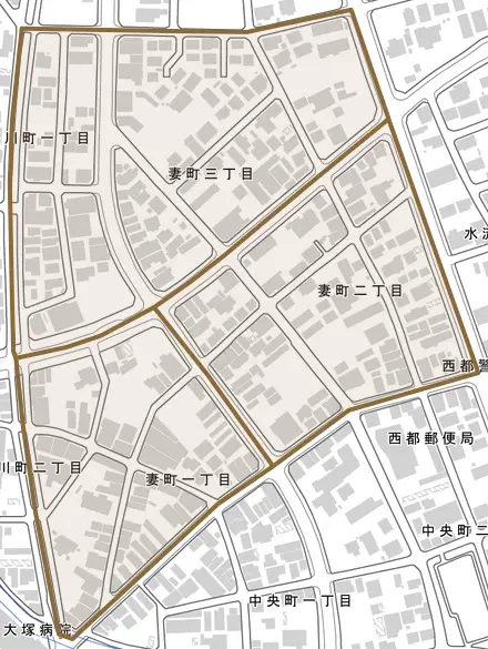 妻町とその周辺の地図。町の範囲を重ねている