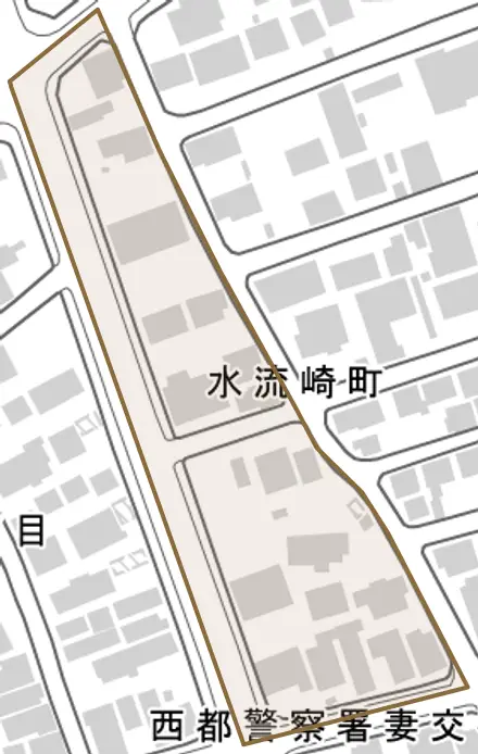 水流崎町とその周辺の地図。町の範囲を重ねている