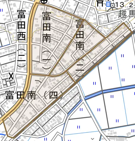 富田南とその周辺の地図。町の範囲を重ねている