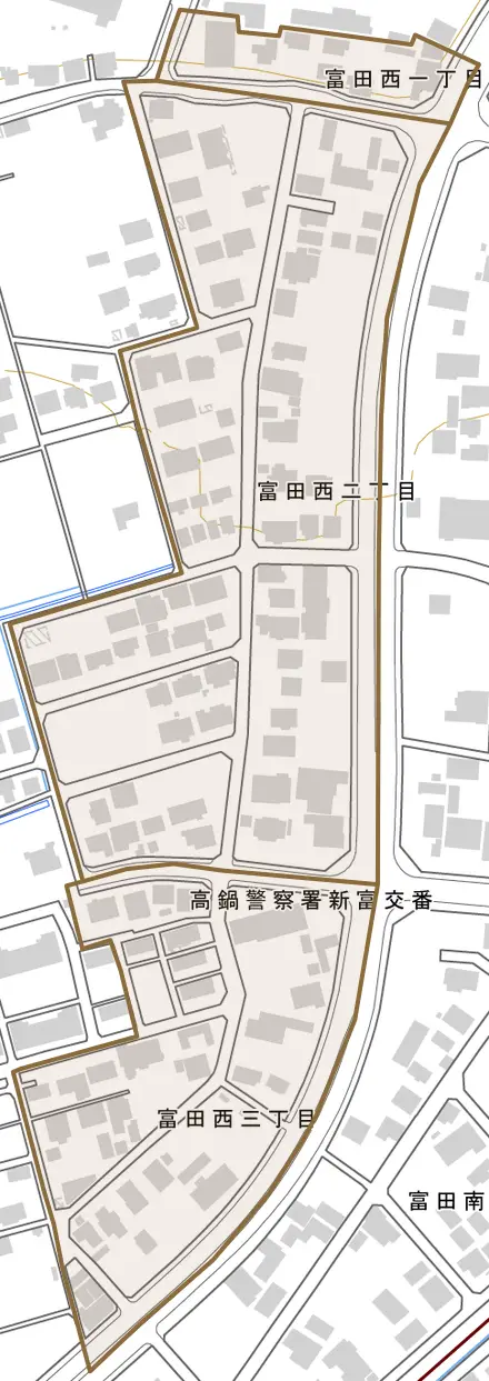 富田西とその周辺の地図。町の範囲を重ねている