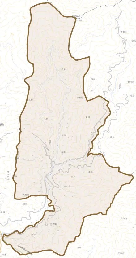 大字岩戸とその周辺の地図。町の範囲を重ねている
