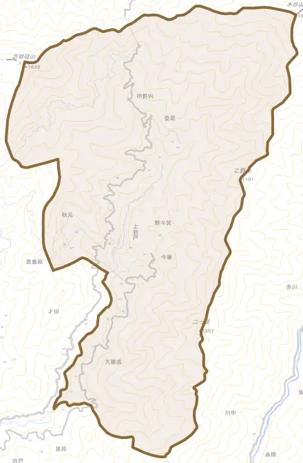 大字上岩戸とその周辺の地図。町の範囲を重ねている