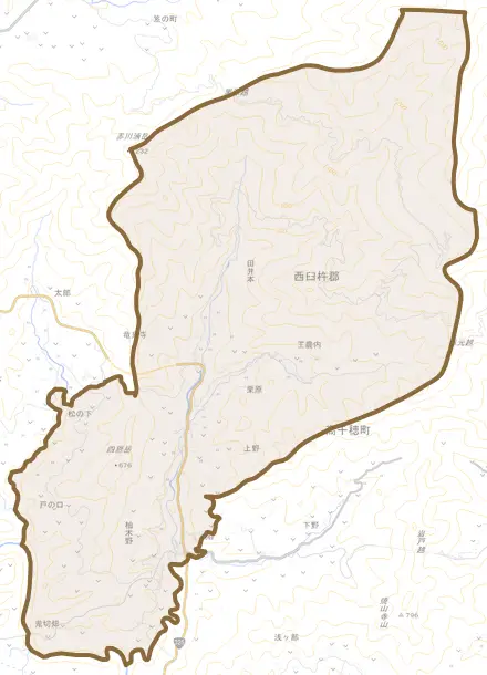 大字上野とその周辺の地図。町の範囲を重ねている