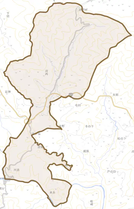 大字河内とその周辺の地図。町の範囲を重ねている