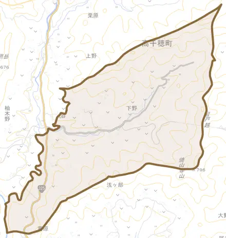 大字下野とその周辺の地図。町の範囲を重ねている