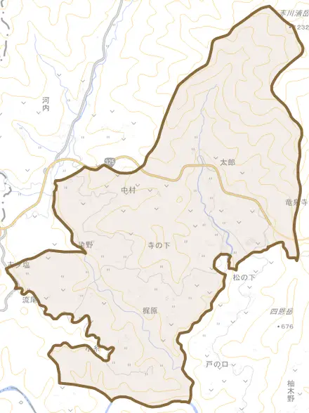 大字田原とその周辺の地図。町の範囲を重ねている