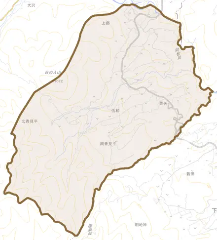 伍和とその周辺の地図。町の範囲を重ねている