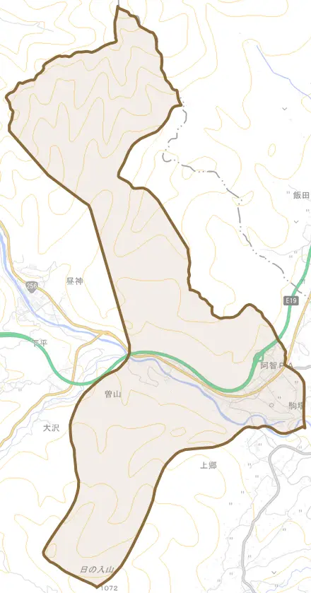 駒場とその周辺の地図。町の範囲を重ねている