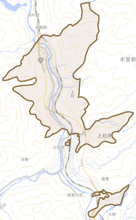 大字上松とその周辺の地図。町の範囲を重ねている
