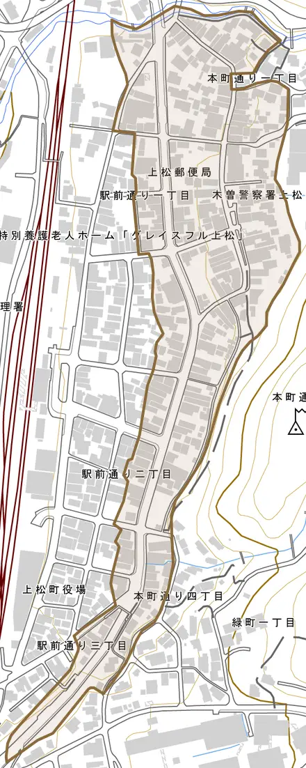 本町通りとその周辺の地図。町の範囲を重ねている
