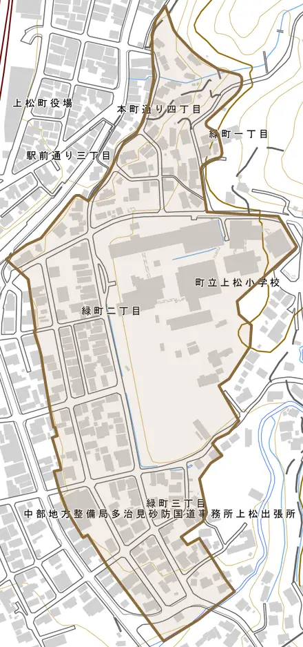 緑町とその周辺の地図。町の範囲を重ねている