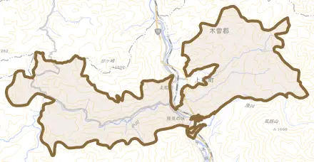大字小川とその周辺の地図。町の範囲を重ねている