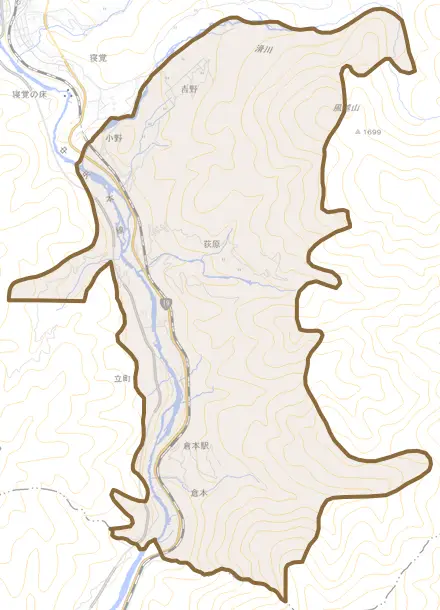 大字荻原とその周辺の地図。町の範囲を重ねている