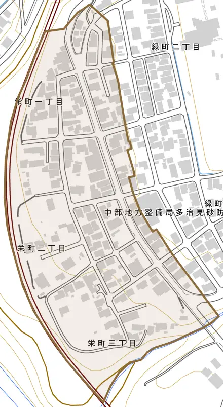 栄町とその周辺の地図。町の範囲を重ねている