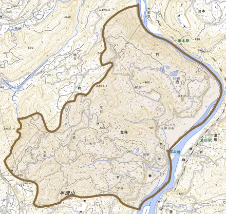 北條とその周辺の地図。町の範囲を重ねている