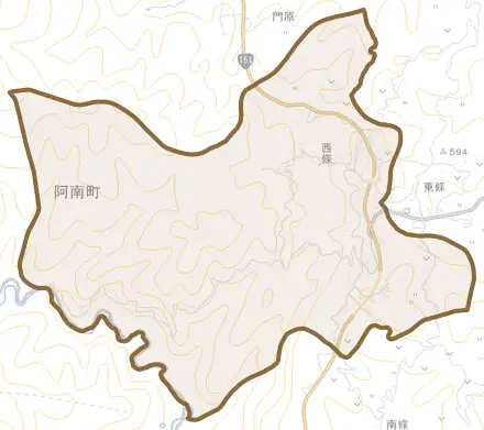 西條とその周辺の地図。町の範囲を重ねている