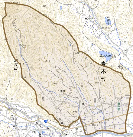 大字村松とその周辺の地図。町の範囲を重ねている