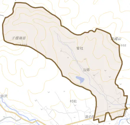 大字当郷とその周辺の地図。町の範囲を重ねている