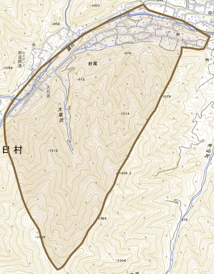 大字針尾とその周辺の地図。町の範囲を重ねている