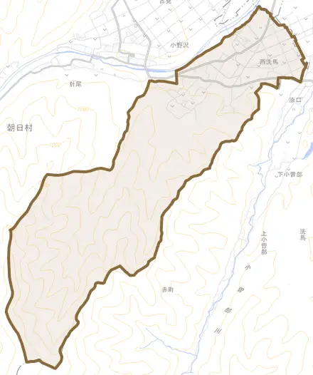 大字西洗馬とその周辺の地図。町の範囲を重ねている