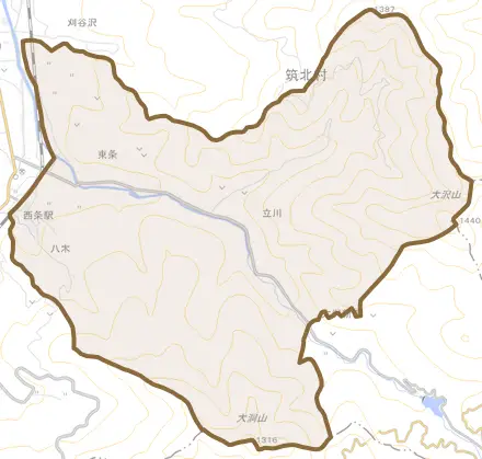 東条とその周辺の地図。町の範囲を重ねている
