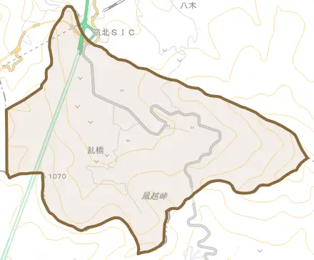 乱橋とその周辺の地図。町の範囲を重ねている