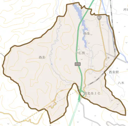 西条とその周辺の地図。町の範囲を重ねている